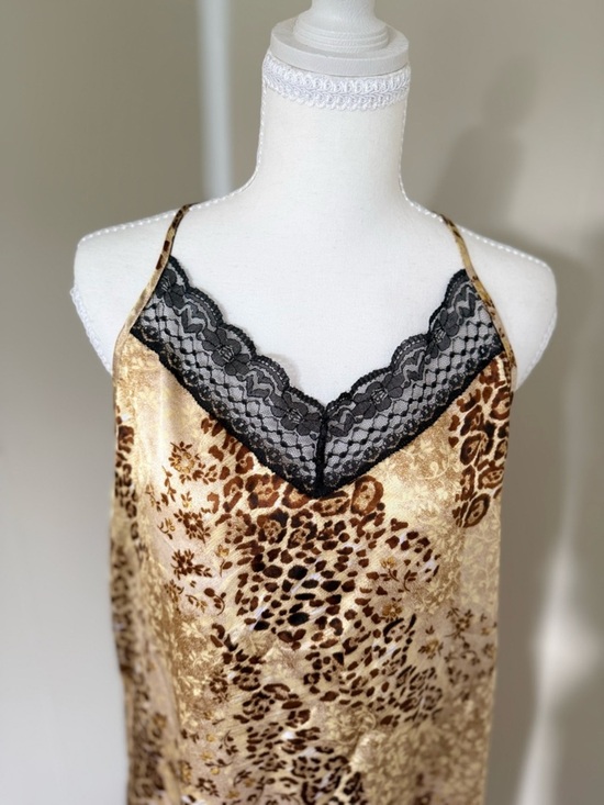 Vintage Other - Vintage Leopard Print Maxi Slip Dress or Chemise with Black Lace Trim Size XL